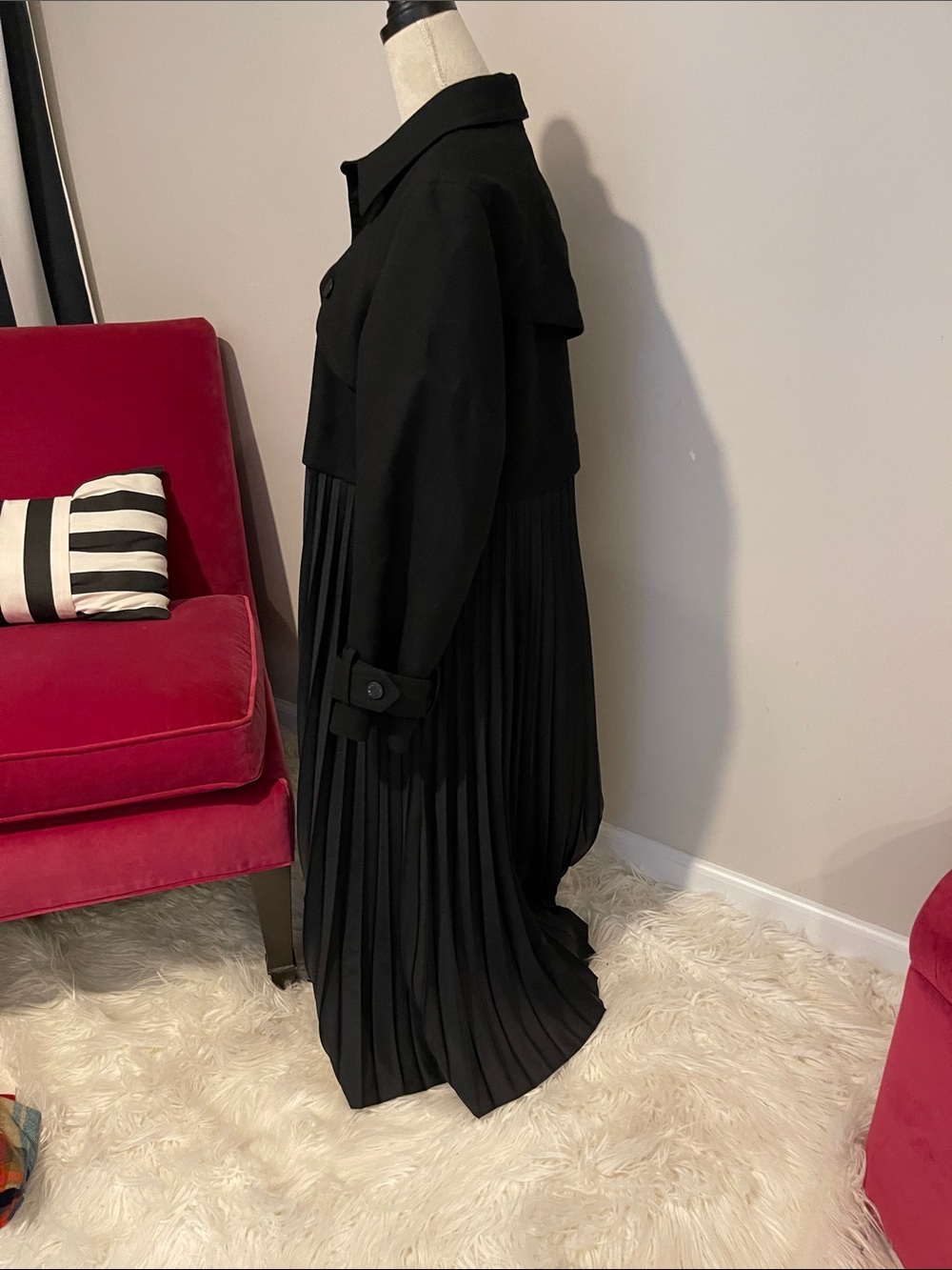 Sandro 42 Elegant Black Pleated Long Dress Trench Coat - Picture 2 of 5
